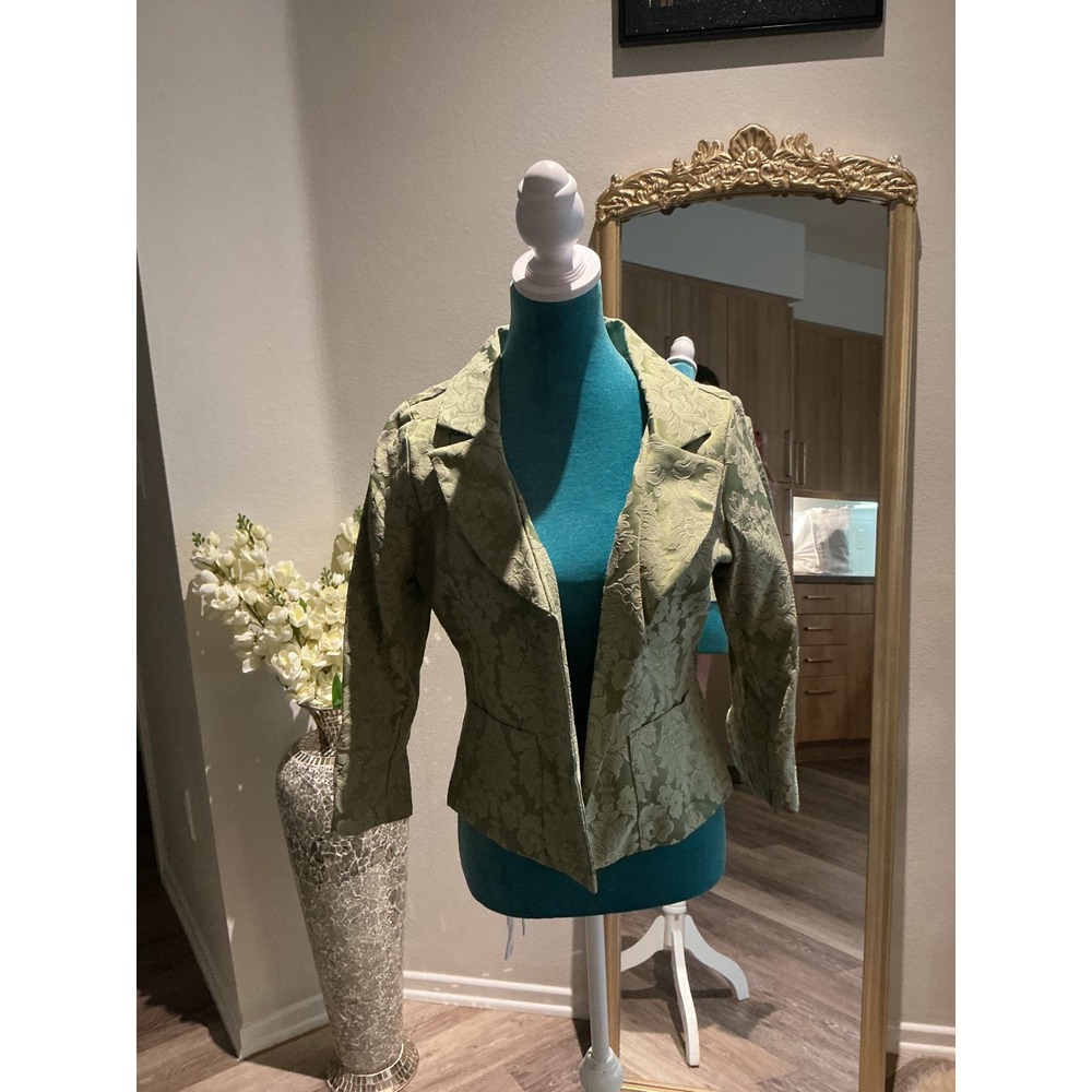Vintage Sage Green Floral Brocade‎ Cropped Blazer Peplum Jacket Notched Lapel - Picture 3 of 7
